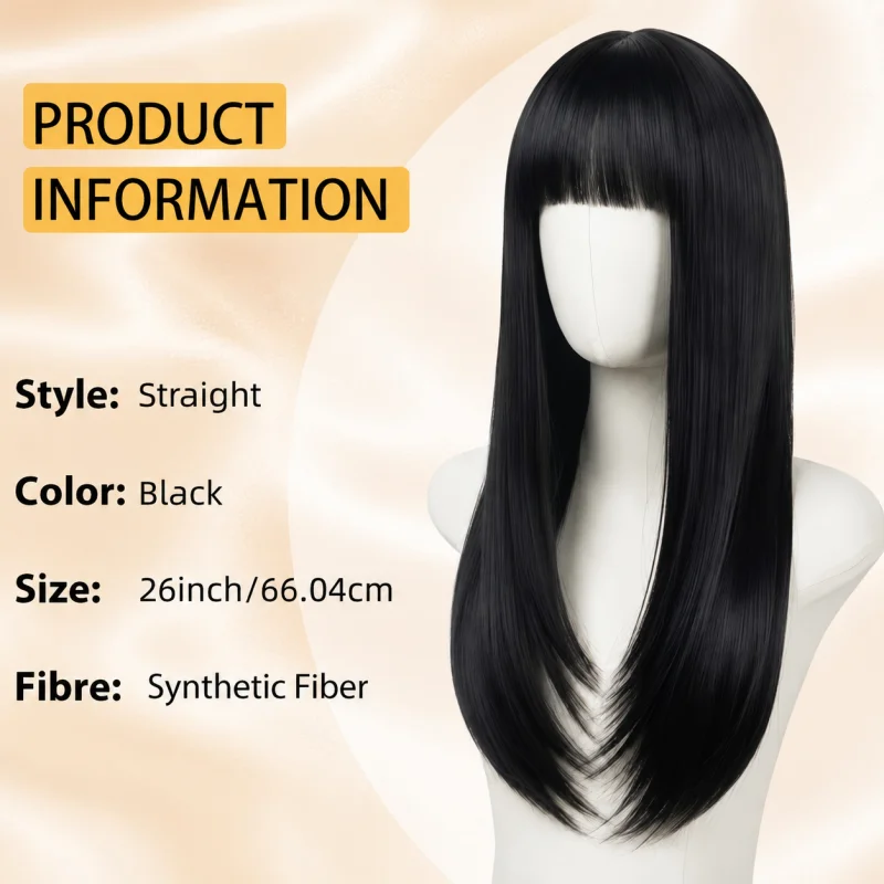 Heat-resistant 26-inch long straight synthetic wig with bangs - naturally soft hair for everyday wear, cosplay, Halloween, music