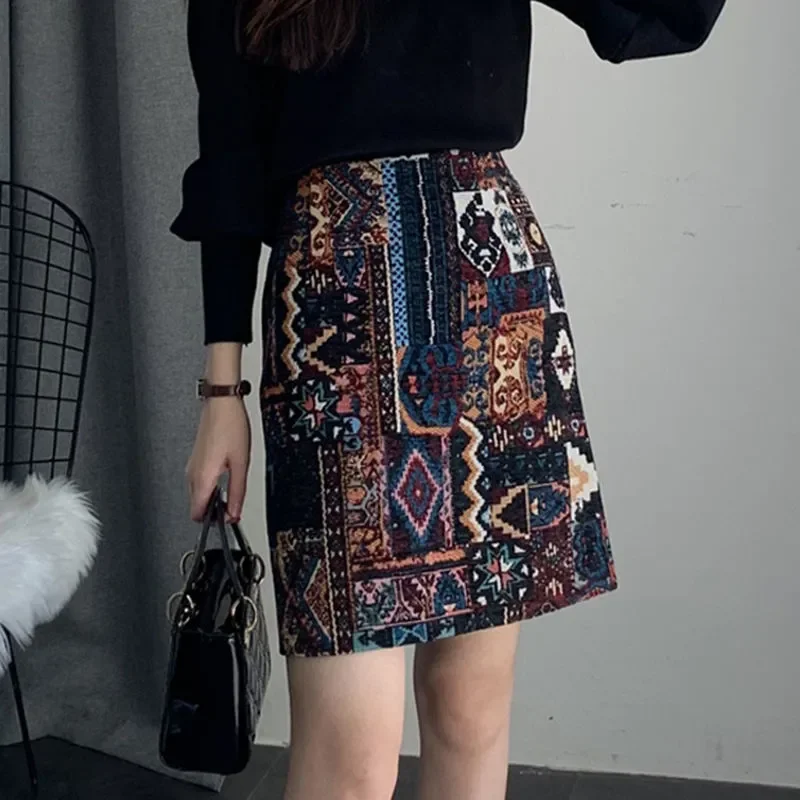 

Юбка-миди в этническом стиле, весенний стиль, ретро-вышивка, высокая талия, облегающая бедра юбка, одношаговая короткая юбка трапециевидной формы для женщин
