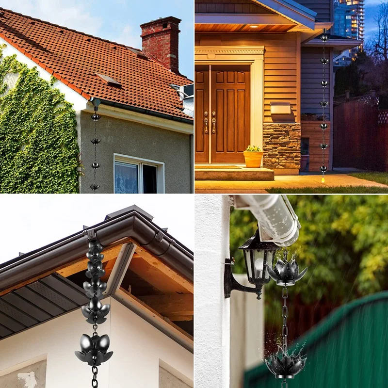 ชุดโซ่ฝน,4Ft ทองแดงชุบ Rain CHAIN สําหรับรางน้ําพร้อมอะแดปเตอร์,Lotus Rain CHAIN ถ้วยเปลี่ยนรางน้ํา Downspout