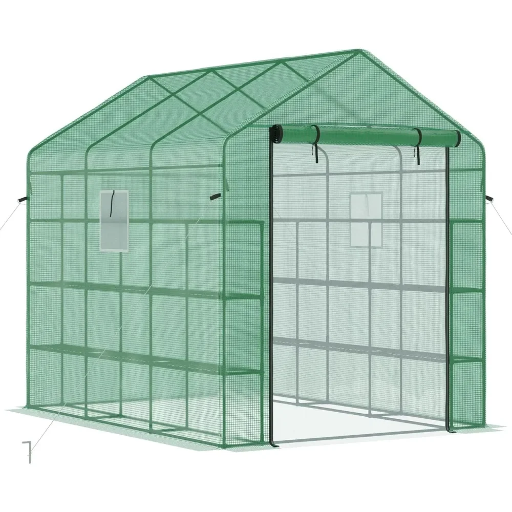 

8' x 6' x 7' Walk-in Greenhouse with Mesh Door and Windows, 18 Shelf Green House with Trellis, Plant Labels