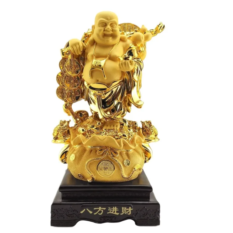 

Resin Crafts Phoenix Tree Laughing Buddha Statue Golden Maitreya Buddha Carrying Money Bag God of Wealth Home Decorations