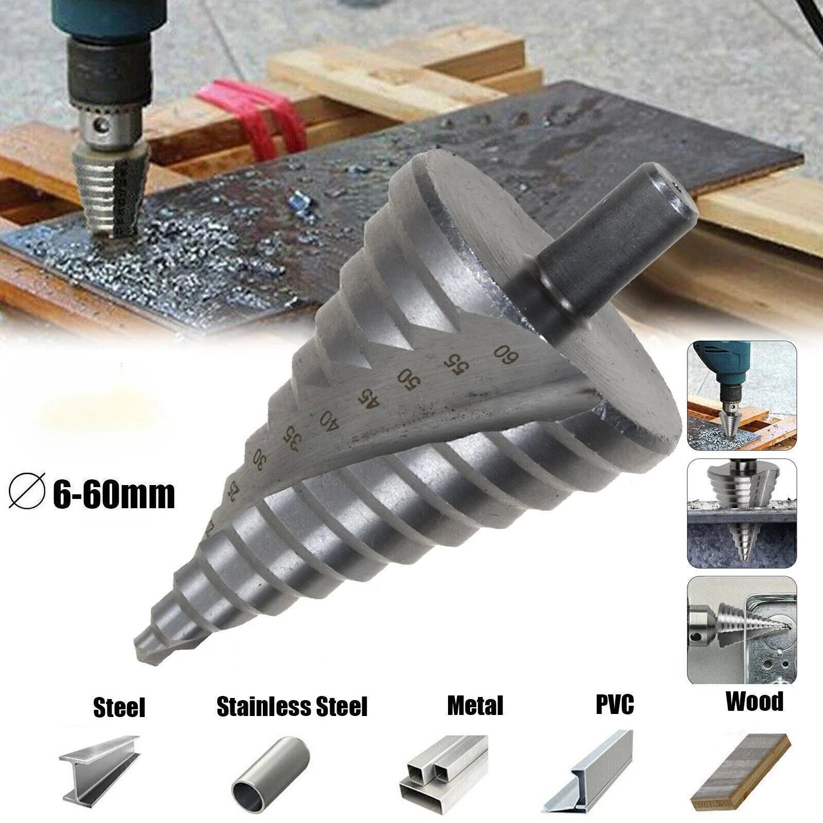 

1pc Step Drill Bit 6-60mm Spiral HSS Steel Hole Cutter Pagoda Drill For Wood Metal Open Hole Drilling Tools Step Cone Drill