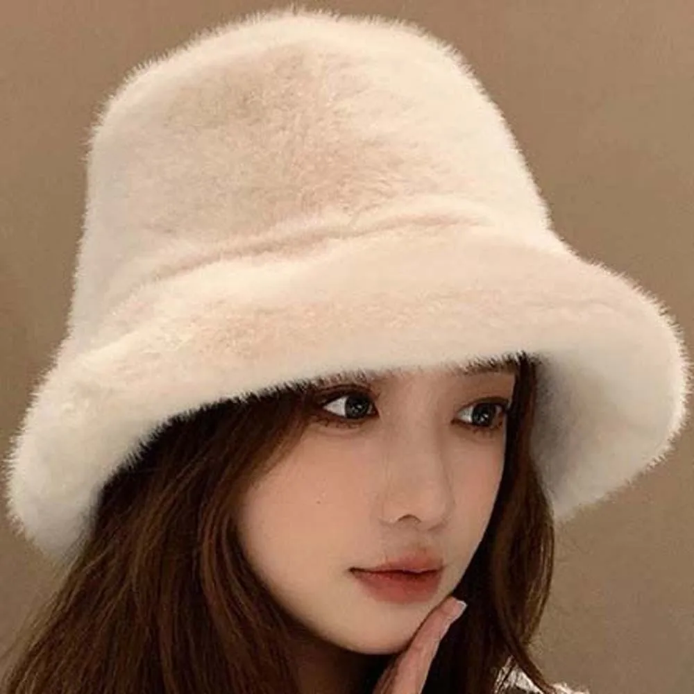 Lamb Fur Cap Temperament Plush Basin Cap Warmer Solid Color Winter Fisherman Hat Windproof Soft Anti-cold Bucket Hat Cycling