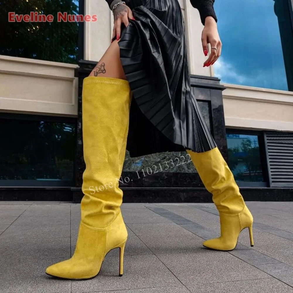 Yellow Suede Knee Boots 2024 Autumn New Arrival Solid Pointed Toe Slip-on Stiletto Sexy Work Fashion Shoes For footwear