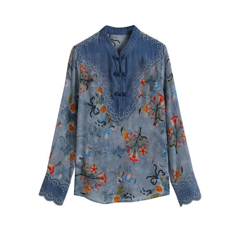 Vintage Embroidery Floral Print Chinese Style Elegant Shirts Women\'s Fashion Stand Collar Long Sleeve Top Blouse Clothing Blusas