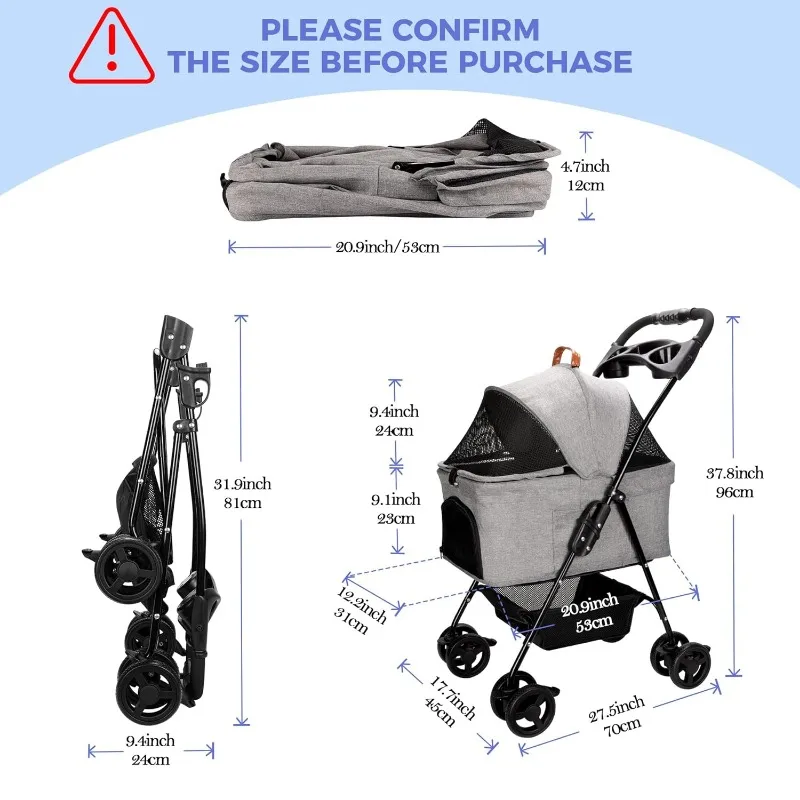 Dog Stroller Foldable Detachable Cat Stroller Dog Strollers for Small Dogs 4 Wheels Rotate 360 Degrees with Brakes,