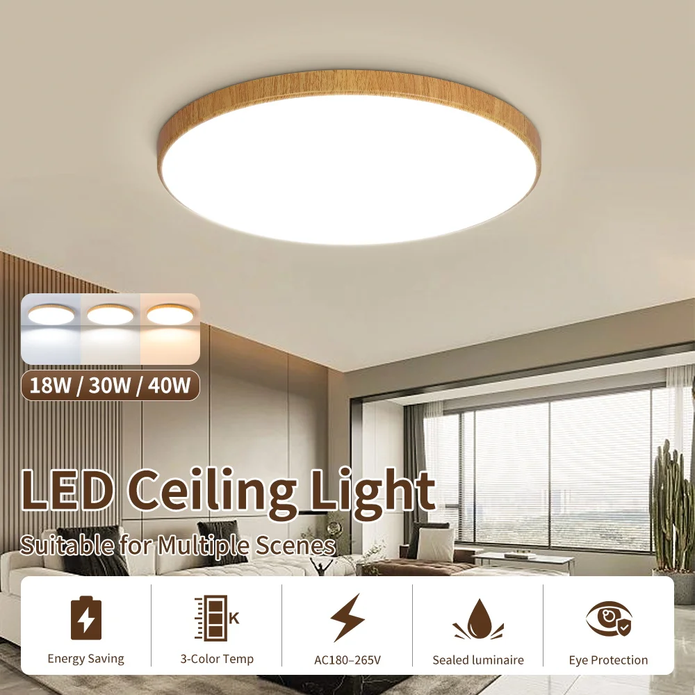 Modern LED Ceiling Lamp Circular Wood Grain Walnut Ceiling Light Bedroom Kitchen Living Room Indoor Home Light Decorative 220V