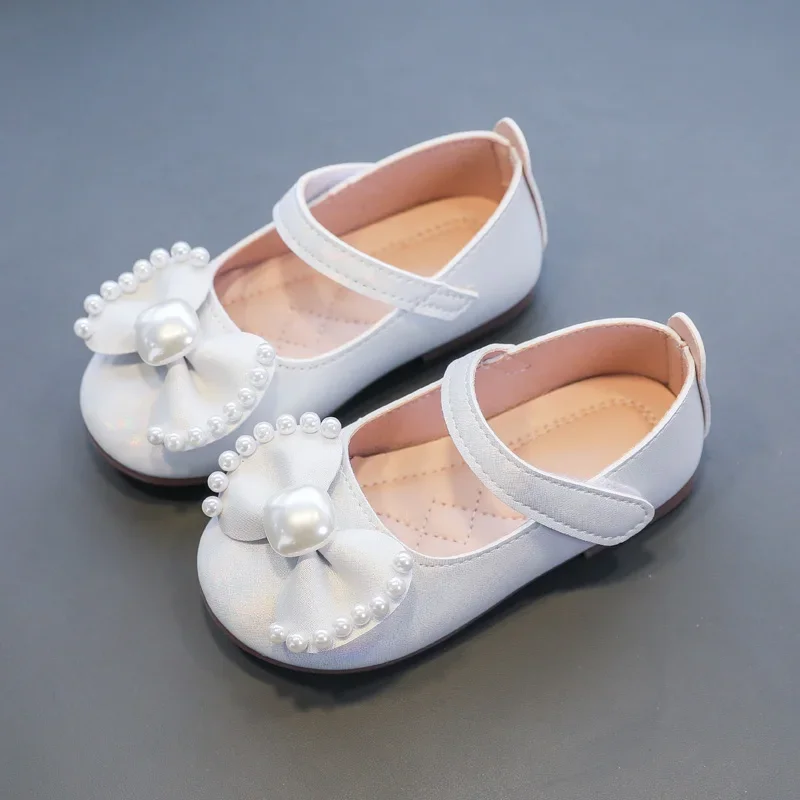 Baby Girls Leather Shoes Kids Flats Children Casual Flats Bow-knot Princess Sweet 2023 Spring Brand New Soft Rhinestone Pearls