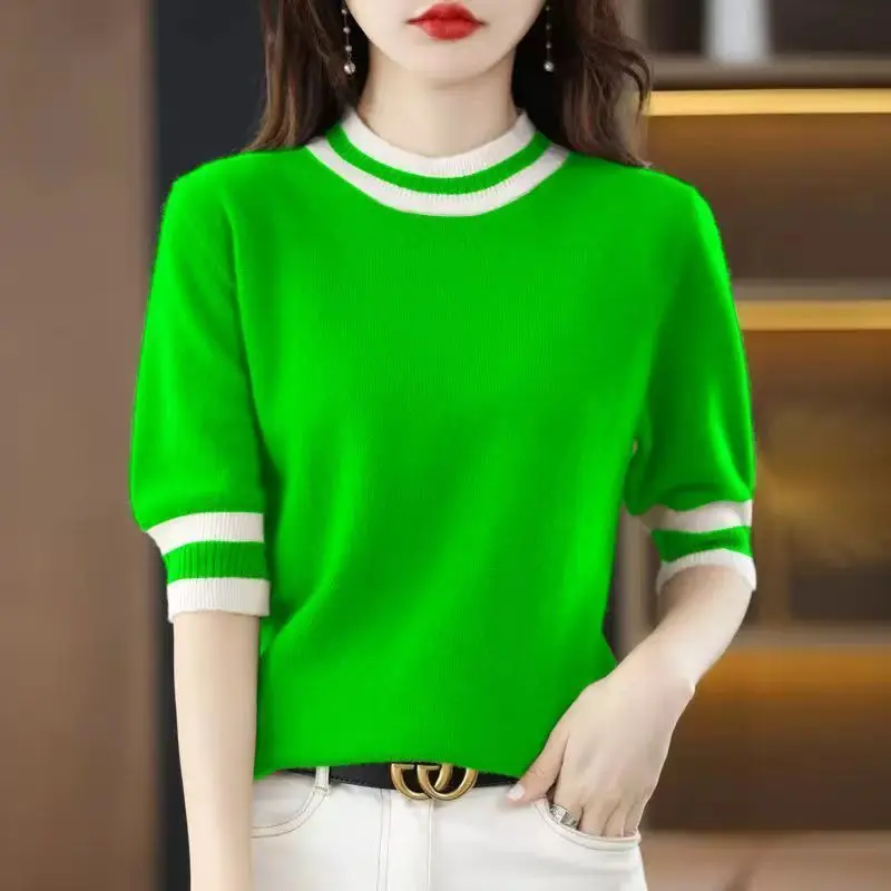 Korean Fashion Women Clothing Half Sleeve Sweaters Spring Summer New O-Neck Contrast Color Knitted Loose All-match Basic Tops