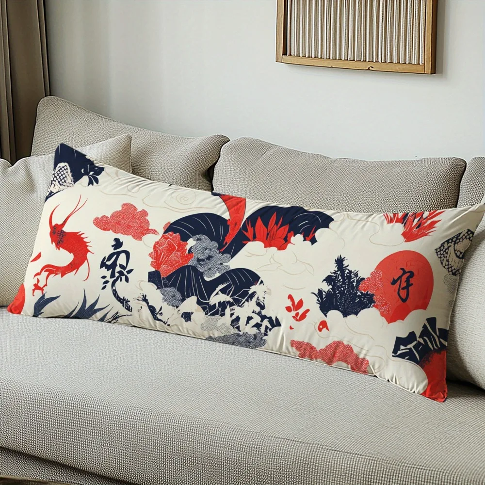 A Japanese Dragon And Cloud Asian Style Decorative Pillowcase - 20X54 Inches with a Zipper, Featuring Vibrant Red, Blue, Gray, A