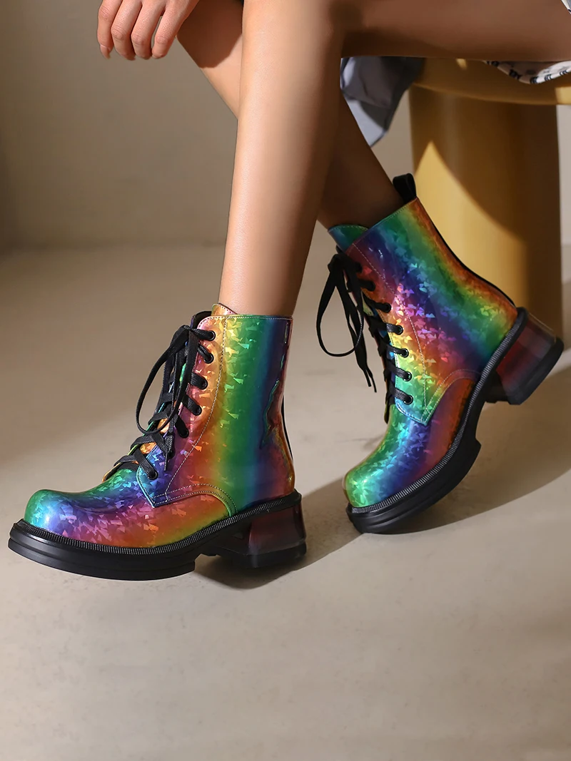 Bright Patent Leather Water Color Round Toe Thick Heel Boots Punk Style Iridescence Lace Up Autumn Women\'s Ankle Boots