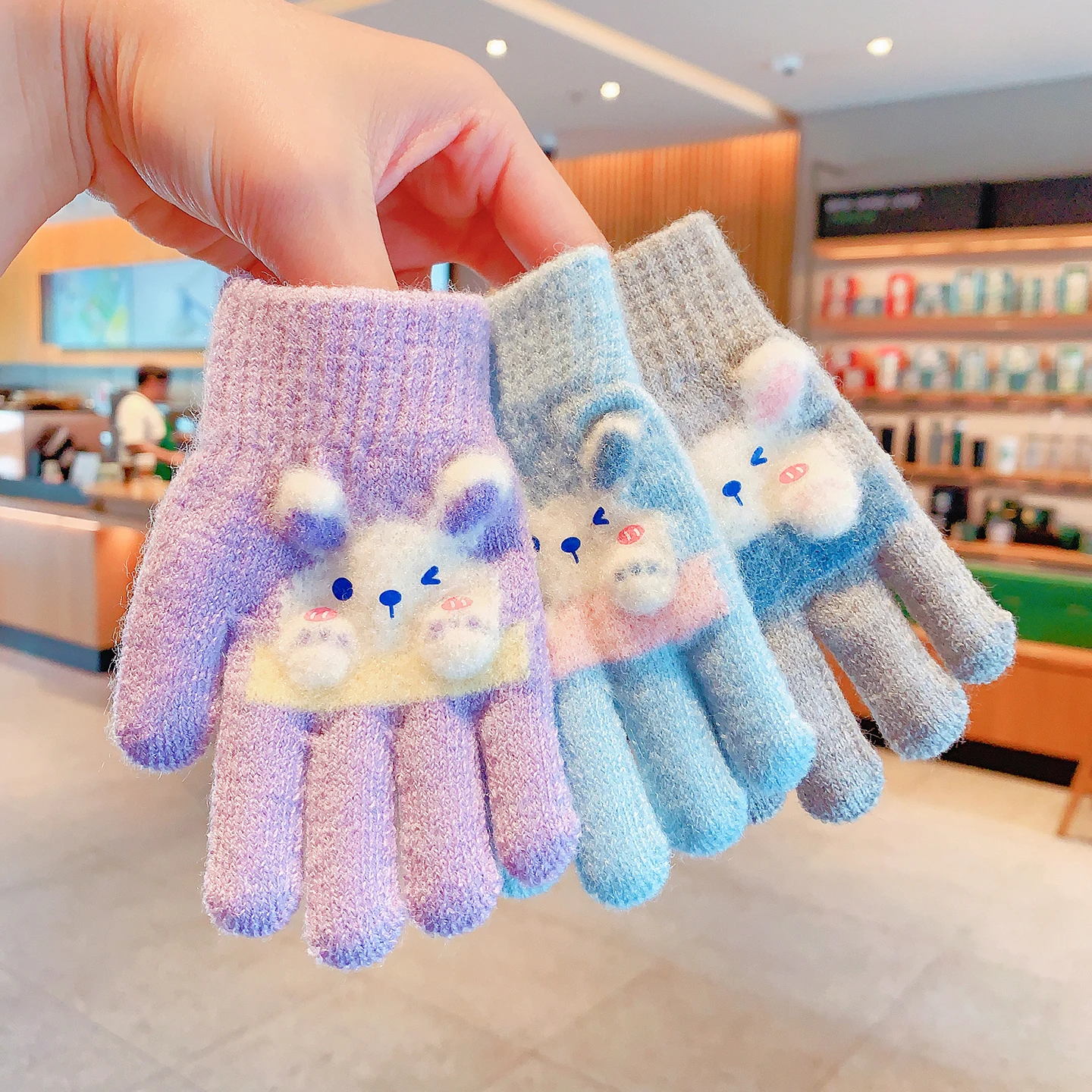 Neue Winter-3D-Cartoon-Hasen-Handschuhe für Mädchen und Jungen, Weiche Gestrickte Elastische Manschette, Warme Winddichte Kleinkinder-Handschuhe, Kinder-Accessoires – Detail 3