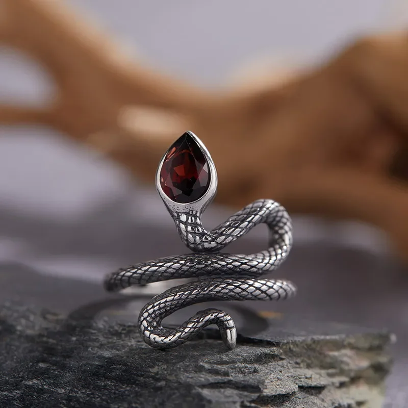 Inlaid with natural garnet, Opal Color, Opal Tai Silver Ring, Female Serpentine Hipster Personality Exaggerated Open Ring