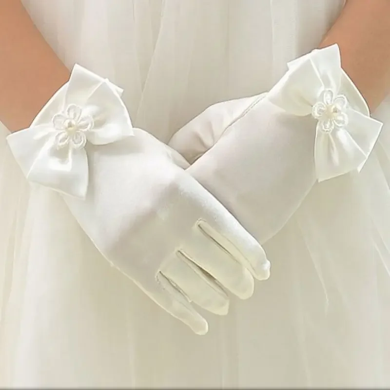 Guantes con lazo para niña, mitones de fiesta encantadores, accesorios de vestido de ceremonia y comunión, guantes de fiesta de noche de ópera para