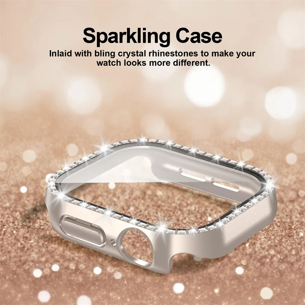 Glass+Diamond Cover For Apple watch case 46mm 44mm 42-41mm 45mm 40mm Bling Bumper Protector iWatch series 10 9 8 7 6 5 4 se case