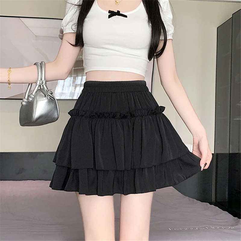 Verano Kawaii elástico de cintura alta negro blanco falda con volantes mujeres moda Slim Fit gasa Mini Faldas Giris Y2k todo fósforo Faldas