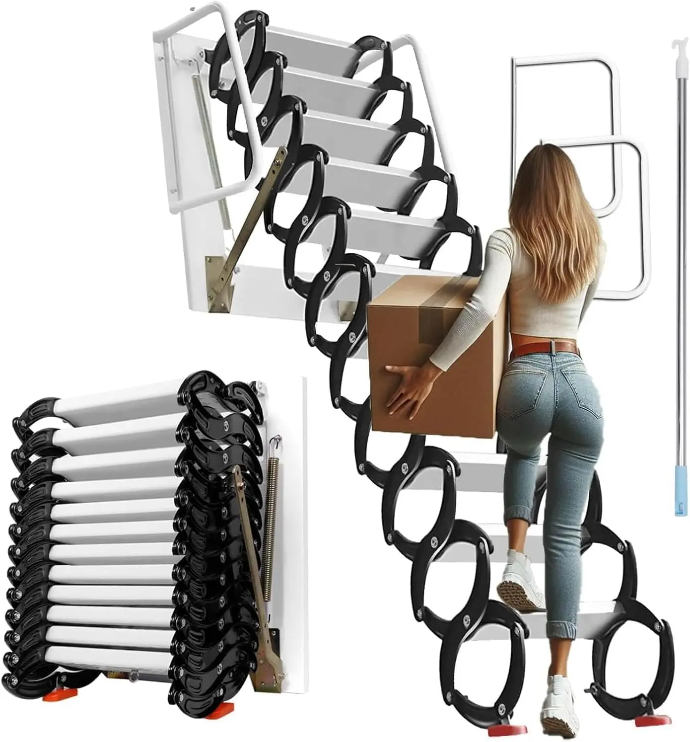 

12-ступенчатая настенная чердачная лестница, складная лестница с поручнями, максимальная нагрузка 880 фунтов, чердачная лестница с ручкой для вытягивания, на заказ