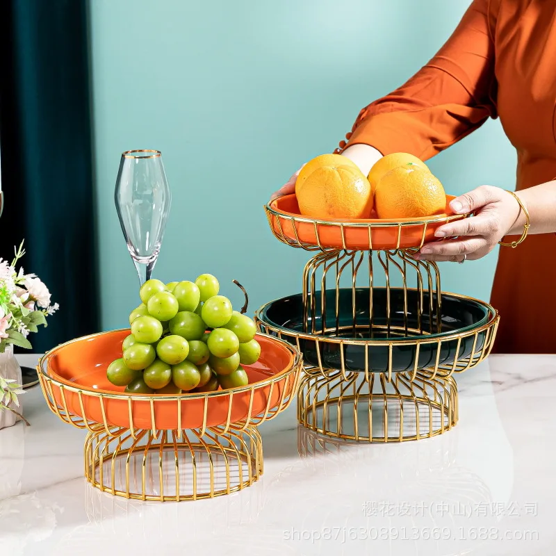 

Amacheng Emerald Green Ceramic Fruit Plate Iron Rack Plate For Snack Cosmetic Storage