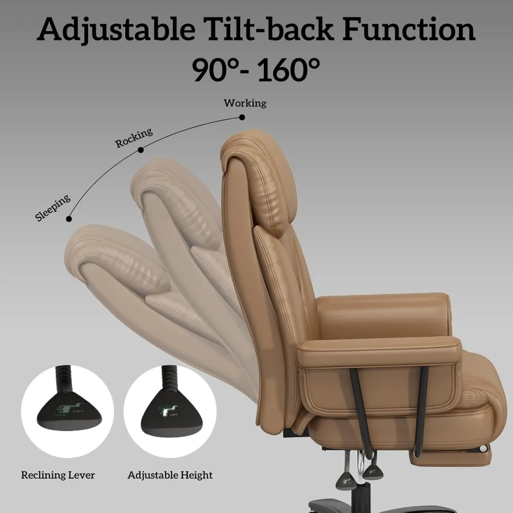 large 160° reclining office chair with wheels, high back, wide seat, armrests, footrest, brown