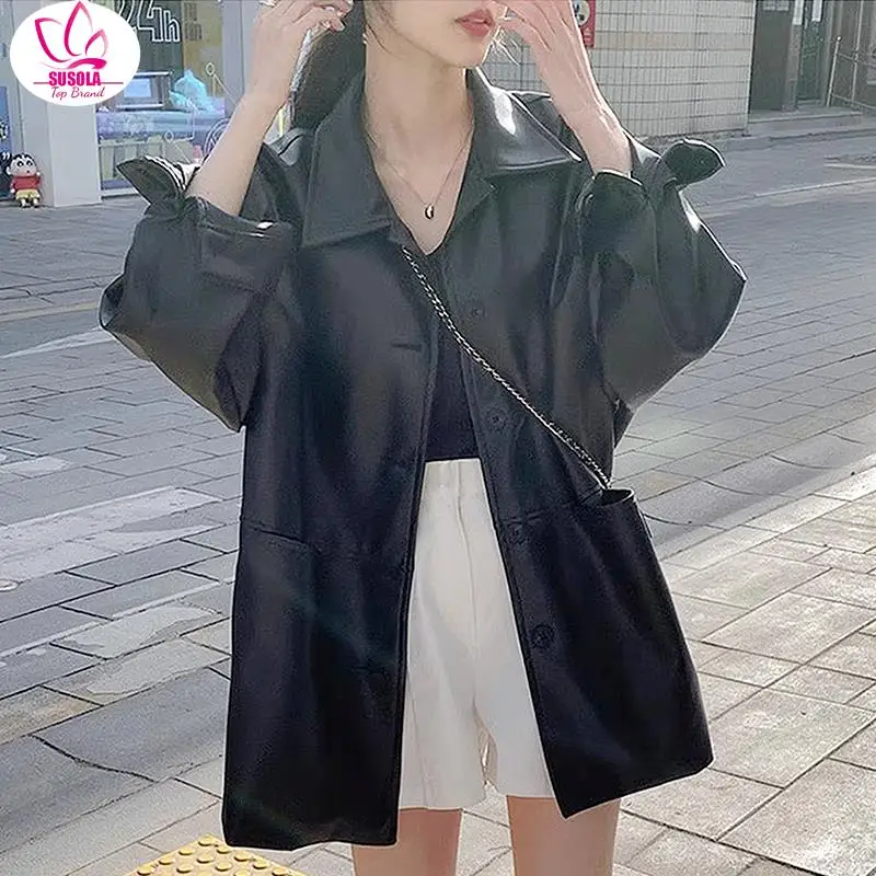 SUSOLA South Korea Chic Leather Coat, New Classic Retro Polo Collar, Single-Breasted Loose Outerwear, Black Long Sleeve