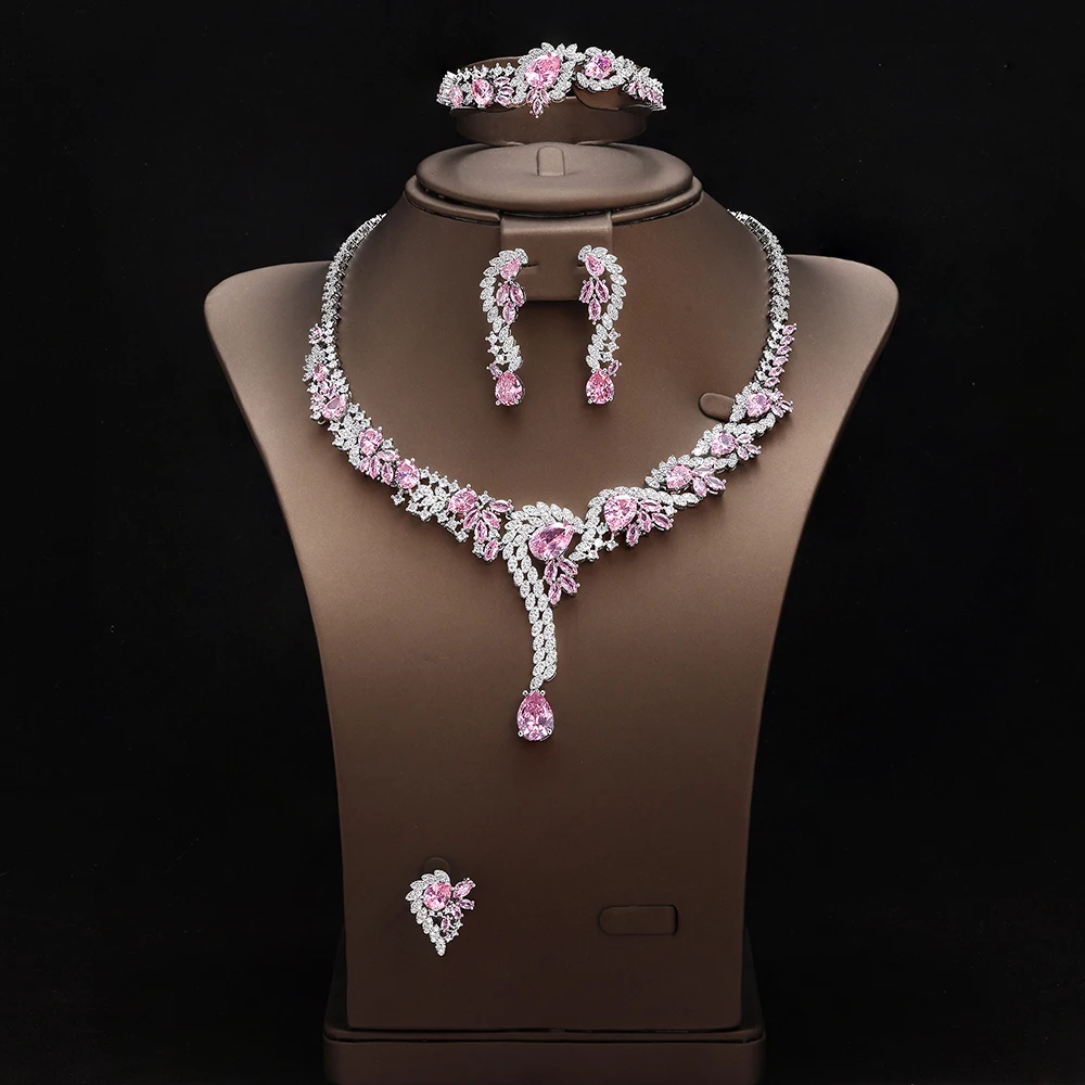 

HIBRIDE New Exquisite Light Luxury Jewelry Pink Necklace Earrings Bracelet Set of 4 Suitable for Wedding Ball Women Gift S-962