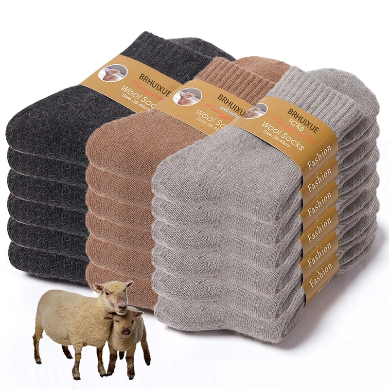 

6 пар зимних шерстяных носков, мужские носки, очень толстые однотонные носки, плюшевые женские носки с мериносом, защищающие от холода, снега, махровые носки