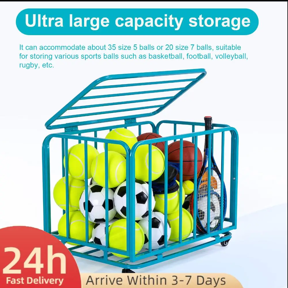 

Складная мобильная корзина для хранения футбольных мячей с колесами и крышкой, тележка-органайзер для мячей для гаража, спортзала или детской площадки