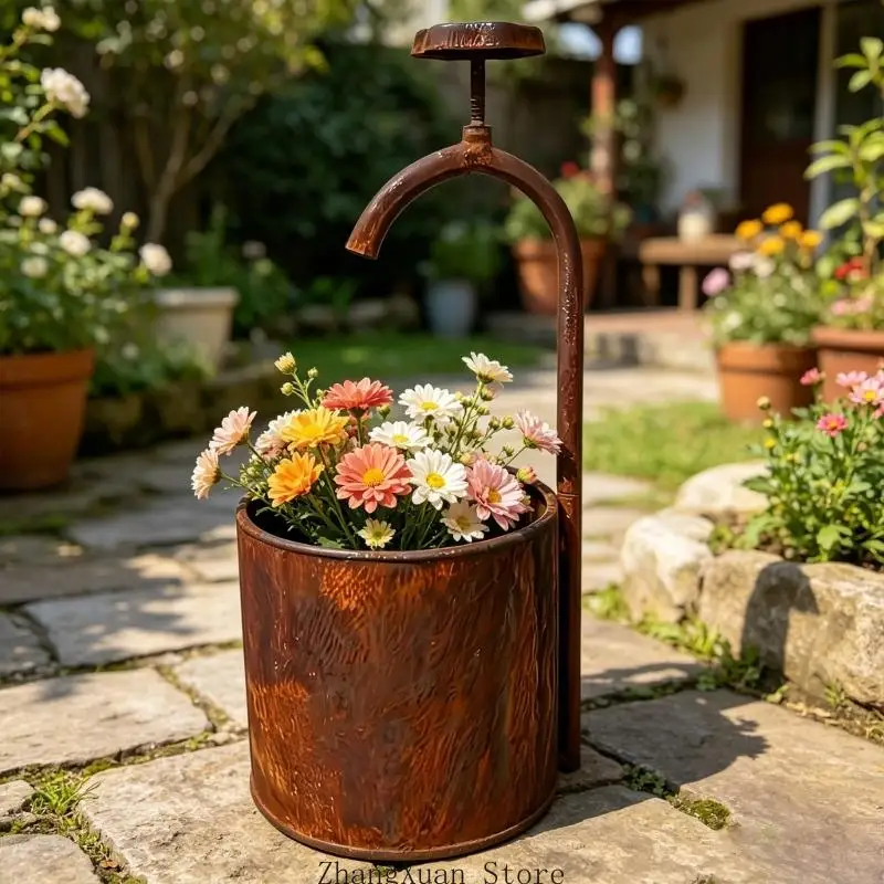 Metall-Blumentopf, antikes Brunnen-Design, Gießkanne, Pflanzgefäß, Blecheimer, perfekt für Hof- und Rasendekoration, 3 x – Detail 3