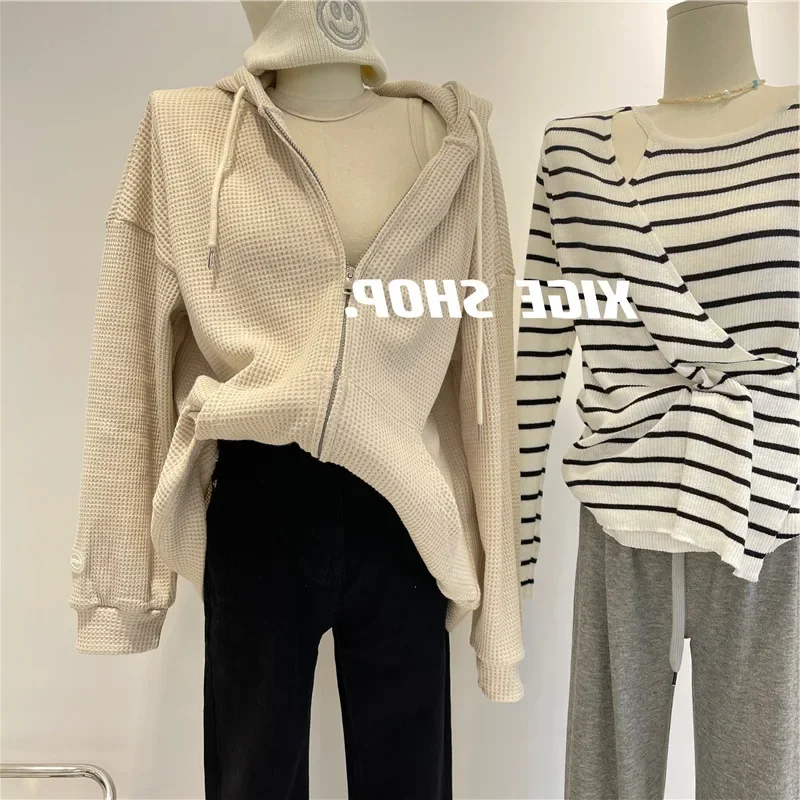 

New Hoodie Woman Waffle Outer Sleeve Female Autumn And Winter Loose Hundred Tide Zipper Cardigan Sweater Female Tops Outside Y2k