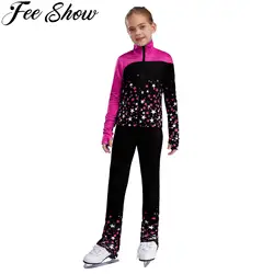 Kids Girls Figure Skating Outfits Long Sleeve Star Printed Zipper Jacket Sweatshirt with Leggings for Gymnastics Dance Practice