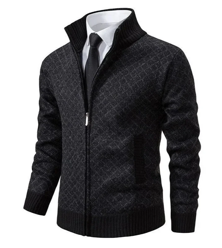 WinterSeason Thin Material Comfortable Fit Men's Casual Knitted Fleece Lined Thickened Hooded Zipper Sweater Cardigan Outerwear