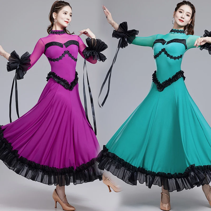 Modern Dance Latin Dance Dress Performance Dress Long Sleeve Dress Competition Practice Clothes Chacha Waltz Dance Dress DQL9588