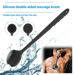 Black Double Headed Soft Silicone Shower Brush with Long Handle Body Back Exfoliating Soft Hair Massage Shower Cleaning Brush
