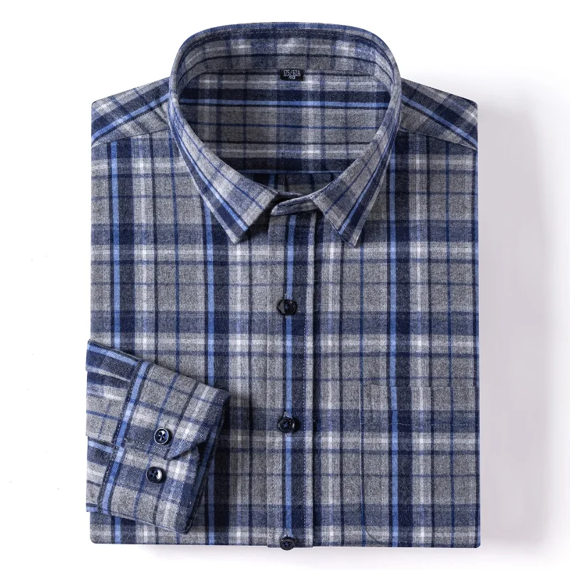 100%Pure Cotton Plaid Flannel Shirts For Men Long Sleeve  Fashion Casual Soft Standard-Fit Man Shirt Blouse Clothes 6XL 7XL
