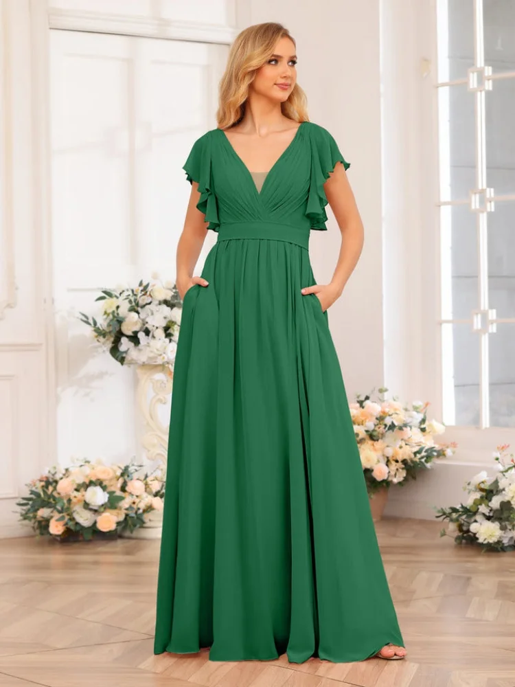 

Classic Chiffon V Neck Ruffles Short Sleeves A-line Plain Long Bridesmaid Dresses With Ruched Elegant Backless Prom Dresses