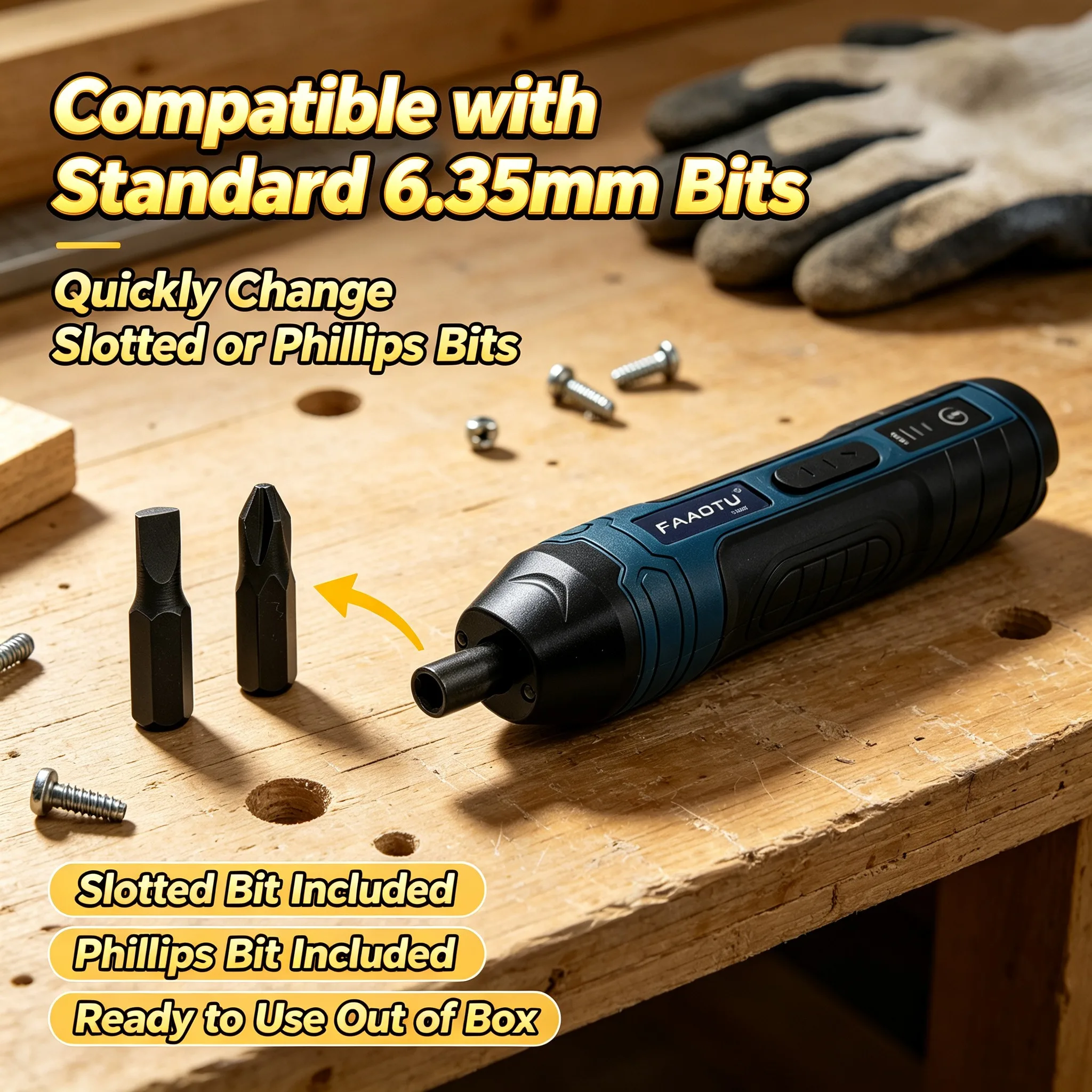 FAAOTU Cordless Electric Screwdriver USB Rechargeable Portable Power Screwdriver Hand Tool