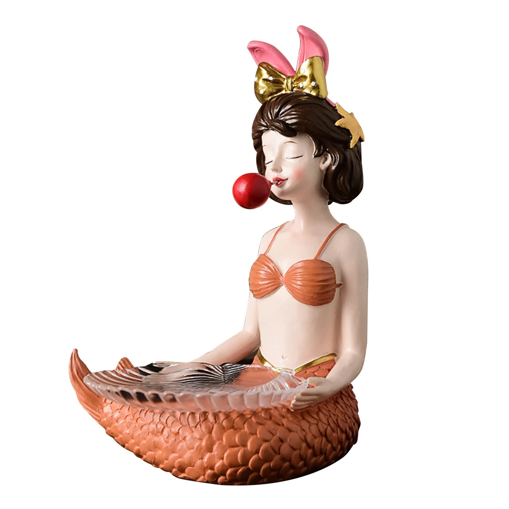 Nordic Bubble Mermaid Girl Storage Tray Sculpture Ornament Resin Desktop Sundries Tray Figurines for Home Decor - Orange