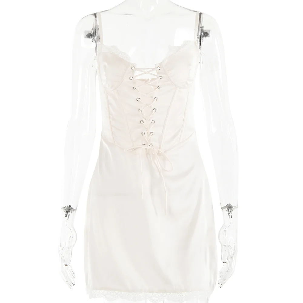 2025 Lente/Zomer Nieuwe Sexy Spaghetti Band Voor Vrouwen Mode Hot Koop Kant Tie Backless Taille-Knipperende Bodycon jurk