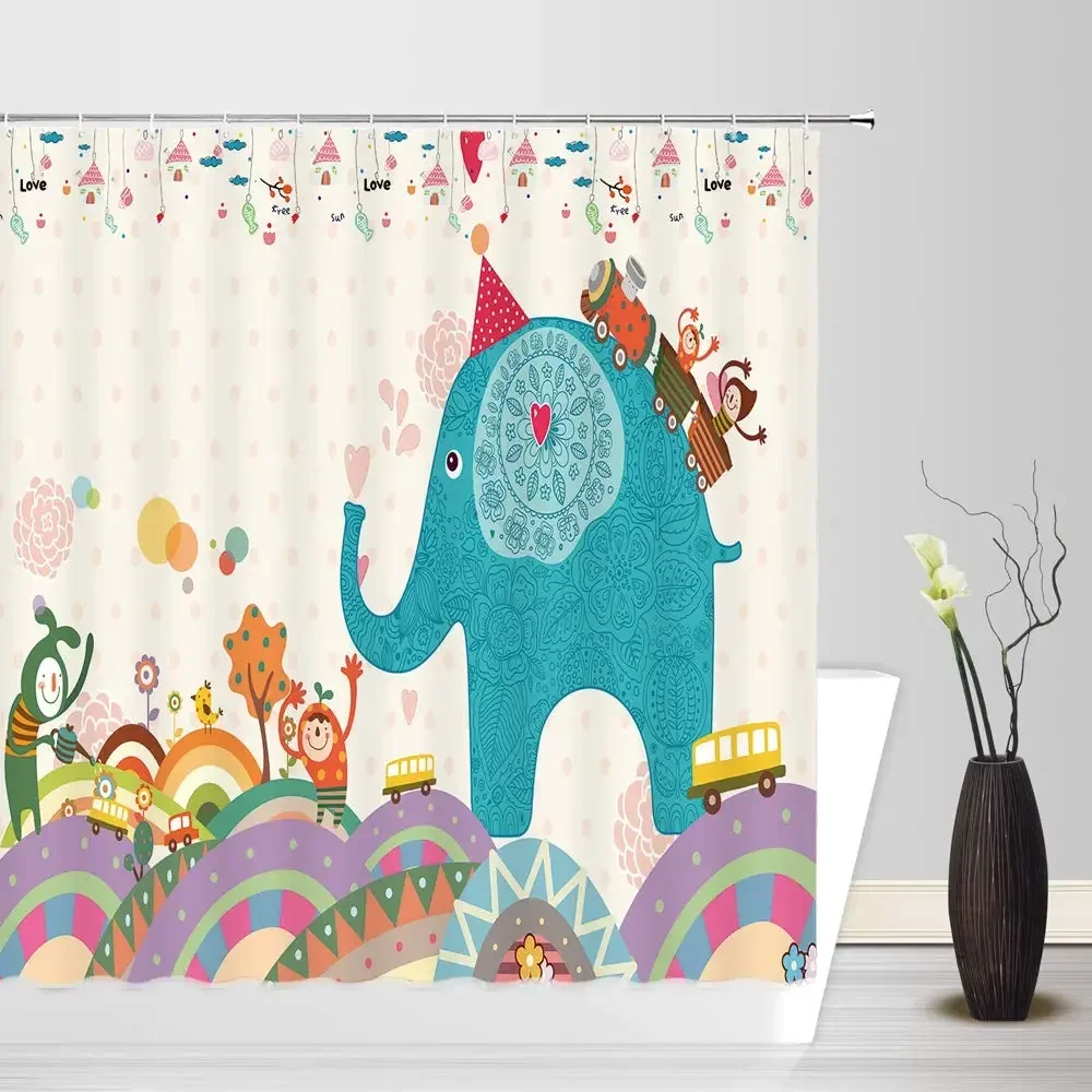 Cartoon Animal Gala Shower Curtain Happy Comic Decor Bee Train on Elephant Fish Key Festival Adornment Hanging