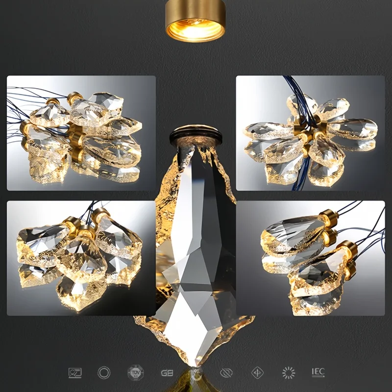 Nordic Crystal Copper Pendant Light Luxury Round Chandelier for Living Room Dining Room Halls Villa Bedroom Led Hanging Lamp