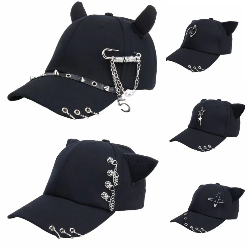 

Y2K Cat Ear Baseball Cap Gothic Punk Style with Chain and Rivet Accents Harajukur Hip Hop Baseball Caps Parties, and Cosplay