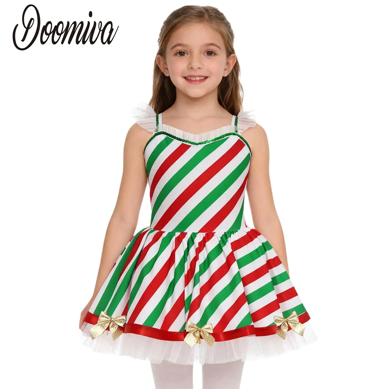 

Christmas Girls Candy Cane Figure Skating Costume Stripe Tutu Ballet Dress Bow Decor Ruffled Mesh Trim Tulle Dress Carnival Gown