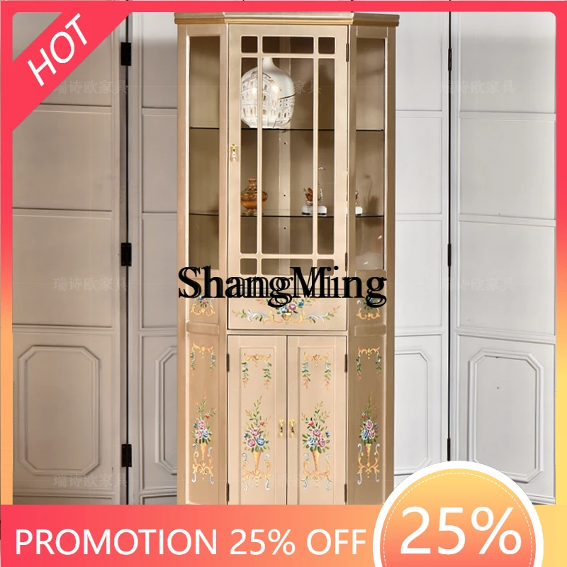 

SM household solid wood corner cabinet living room locker retro glass triangular locker