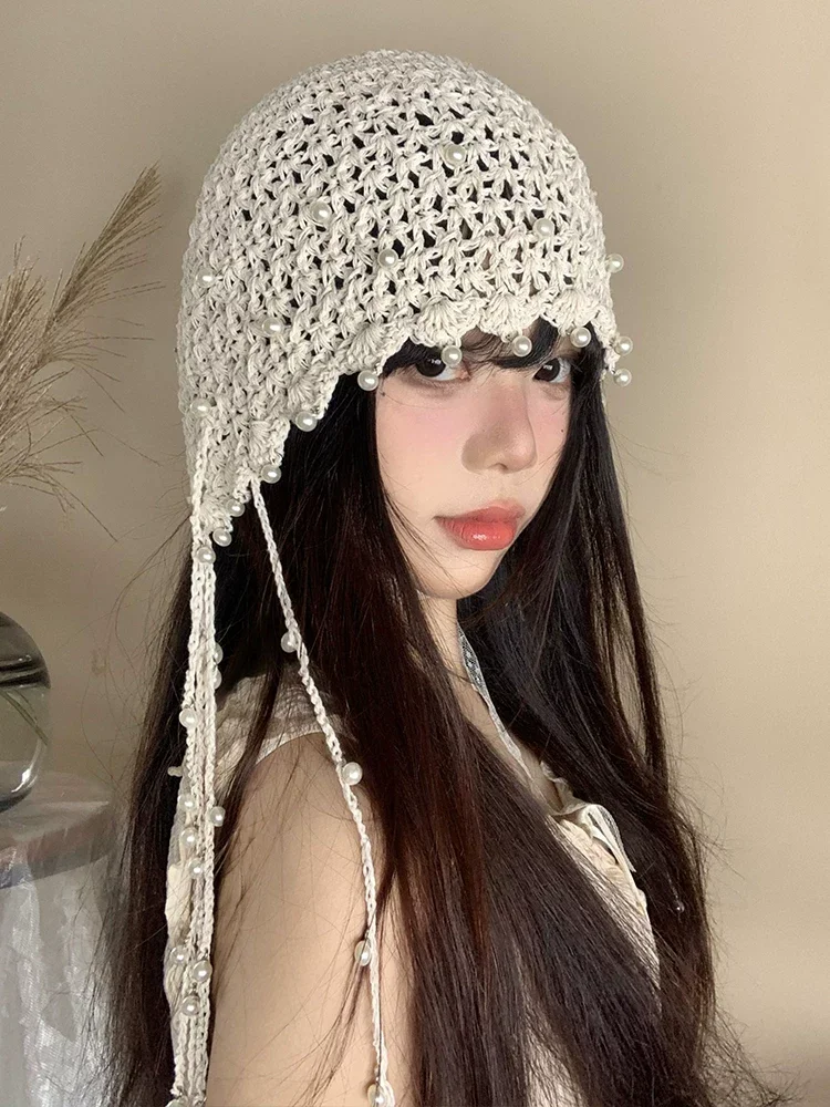 Spring Summer Knitted Beanie Handmade Crochet Headscarf Hat Oversized Large Head Slimming Casual Slouchy Beanie