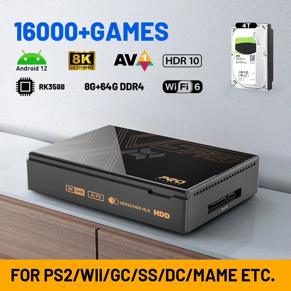 

Kinhank Super Console X5 PRO Retro Video Game Console RK3588 8GDDR4 with 4T HDD 16000+ Games Plug and Play for PS2/PS1/SS/DC/N64