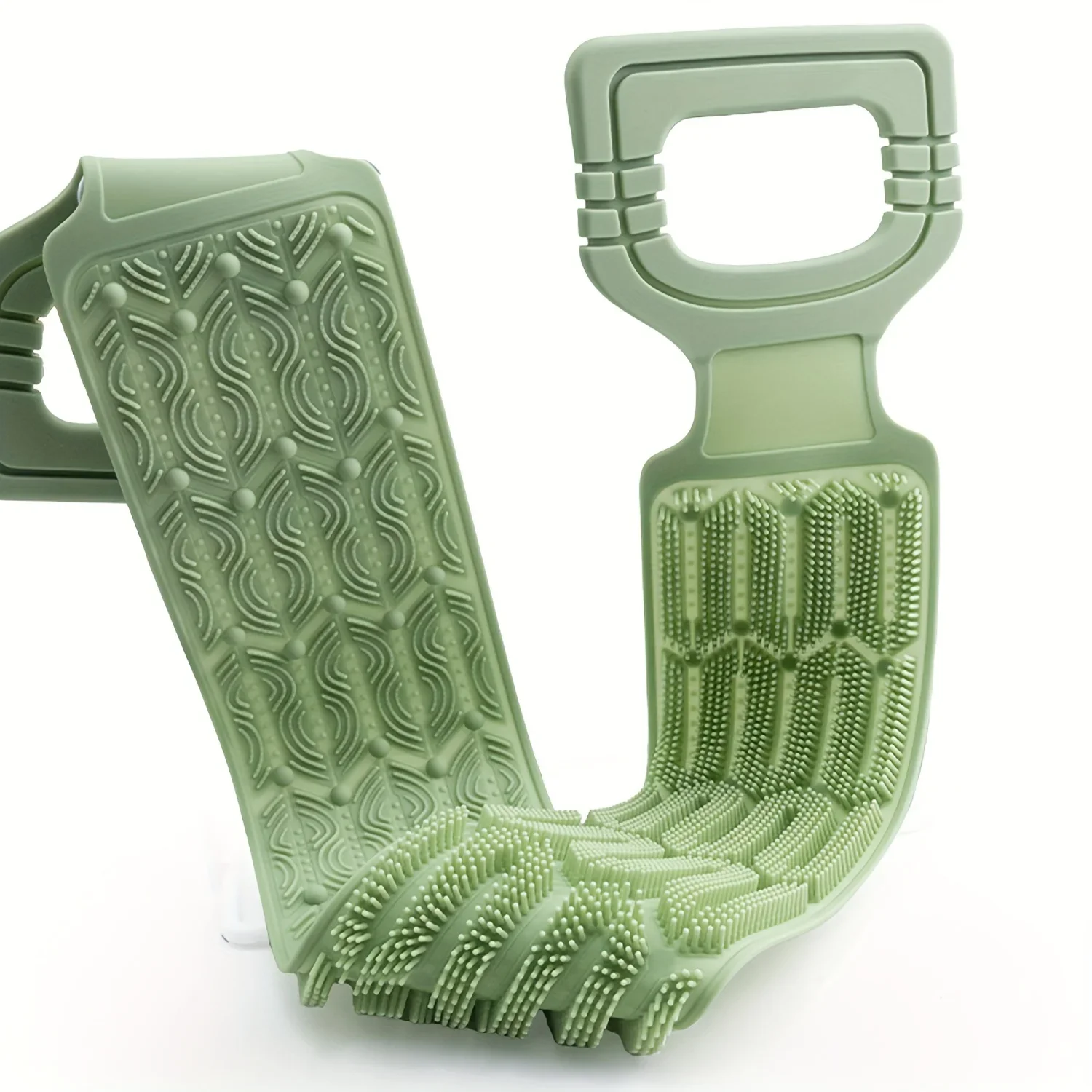 

Зеленое силиконовое полотенце-скребок для спины с веревочными ручками — отшелушивающий инструмент для ванны для глубокой очистки, текстурированная поверхность для легкого действия