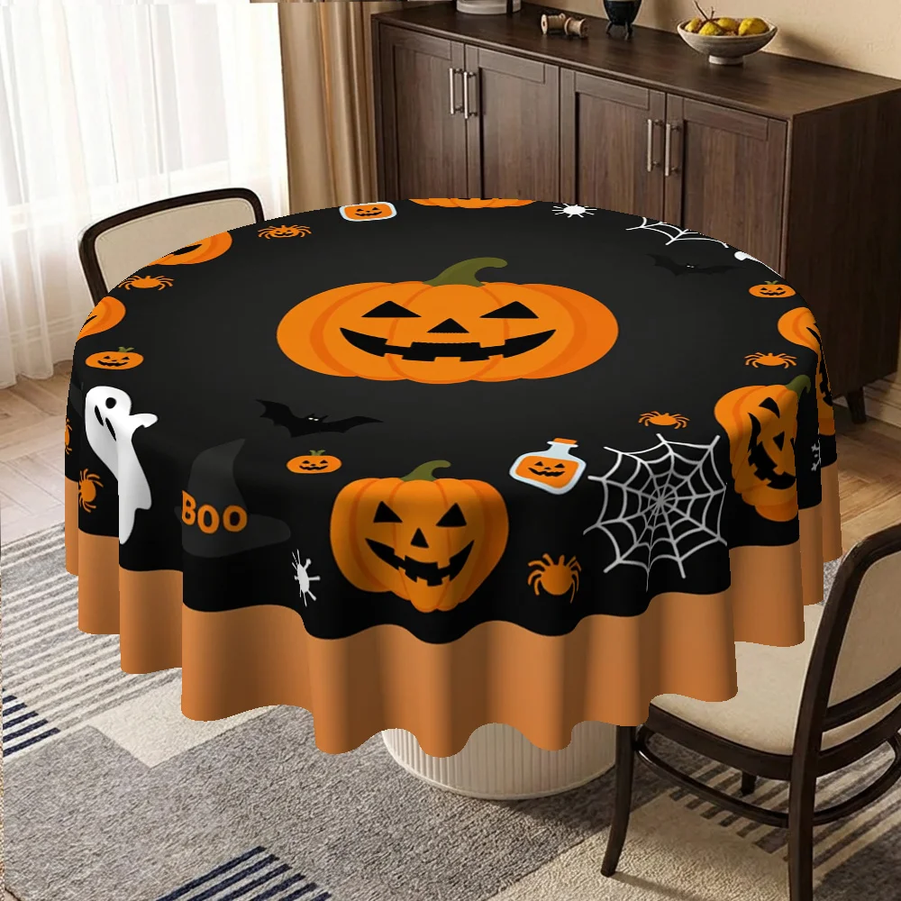 2D flat round tablecloth, Halloween-themed round tablecloth | Pumpkin bat pattern, orange and black color scheme
