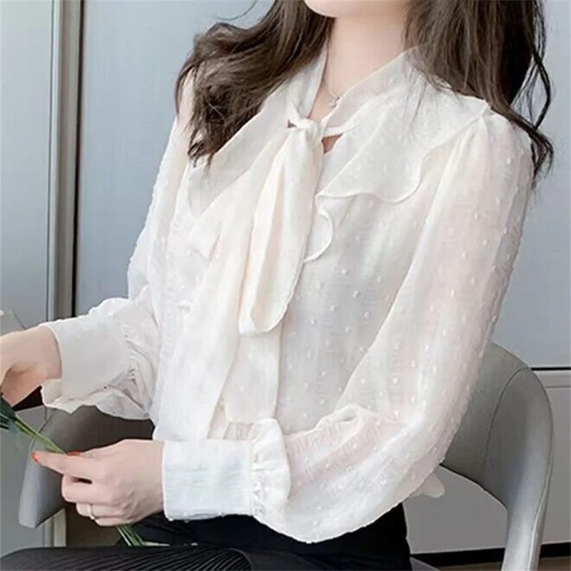 Women Korean Ruffles Lace Up Elegant Blouses Autumn Office Lady Casual Shirts Solid Long Sleeve Loose Tops Blusa Mujer Moda 2023