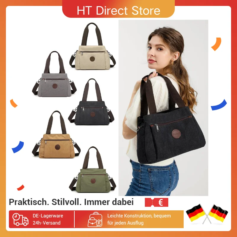 KONO Canvas Handtasche für Frauen, Schultertasche, Stylische Damen Tasche, Leicht und Geräumig, Ideal für Alltag und Reisen