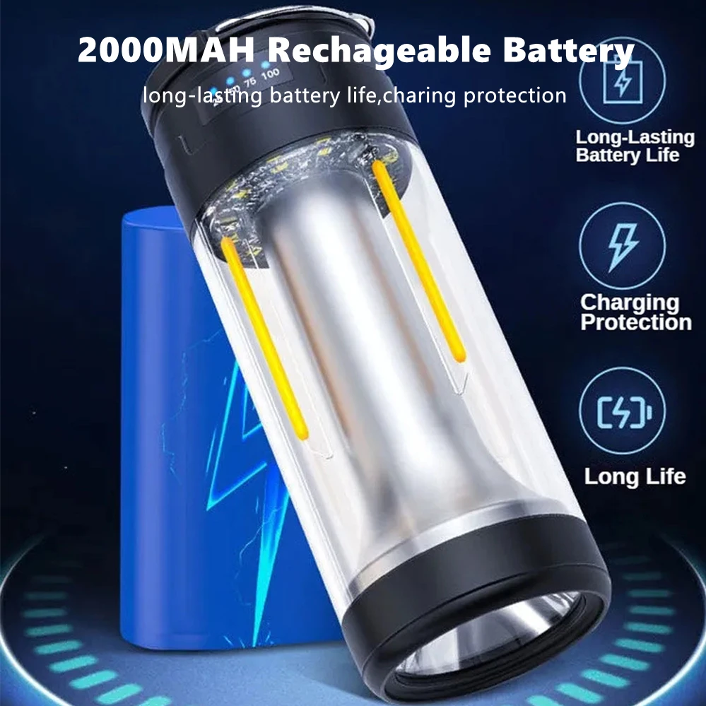 2000mah LED Rechargeable Camping Lights Portable Emergency Bulb Lights USB Battery Bright Flashlight Outdoor Lantern with Hook